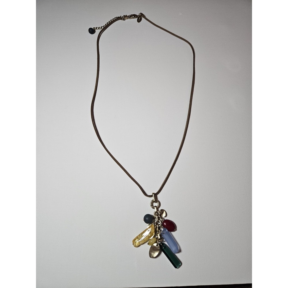 Chico's Brown Leather Cord Pendant Necklace‎ Gold Tone Multi Color Gem Charm
